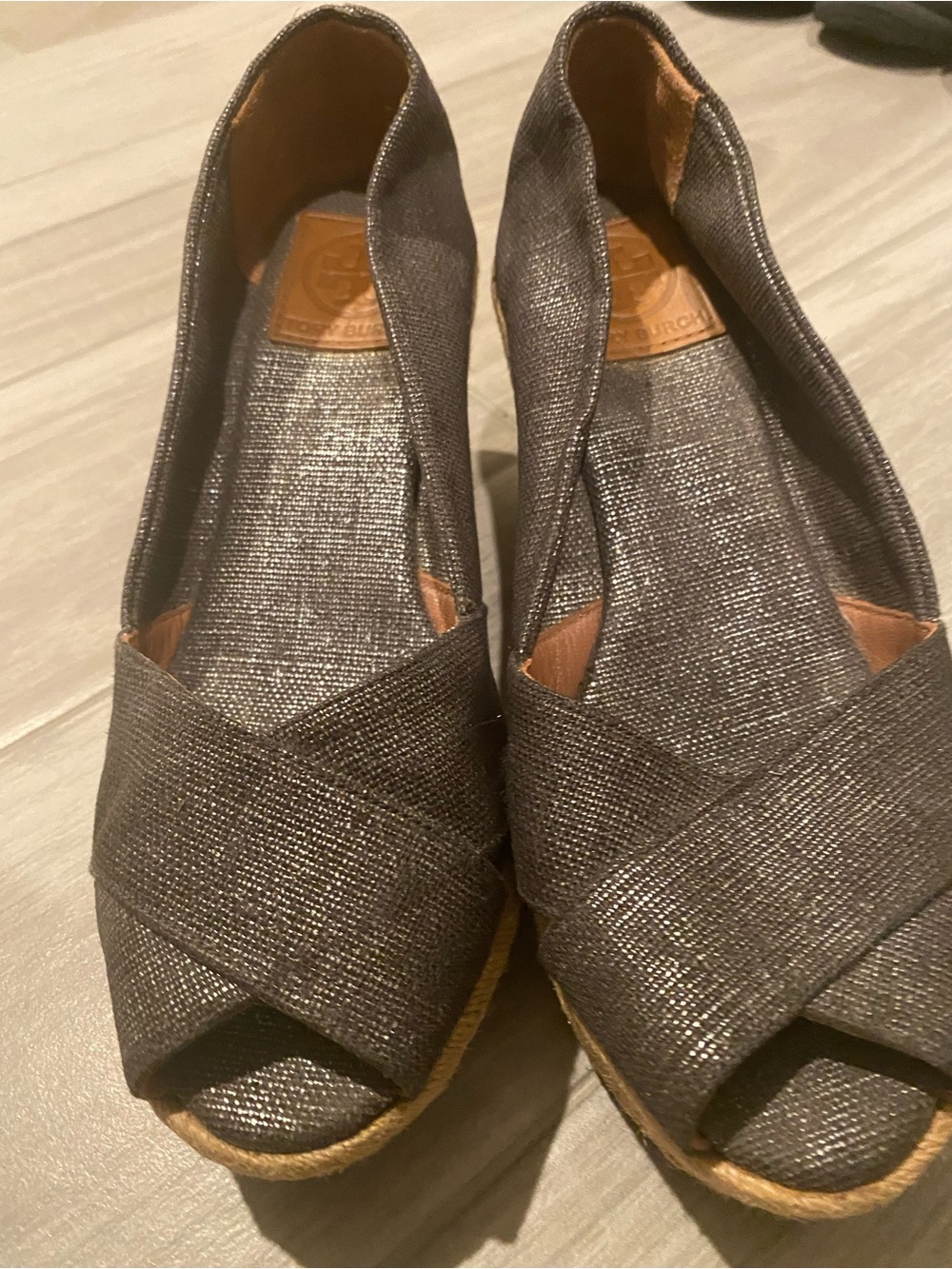 Tory Burch Metallic Bronze Linen Espadrille Wedges